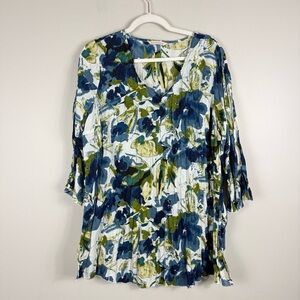 Soft Surroundings Blouse Womens Large Floral Top Watercolor Accordion 3/4 Sleeve